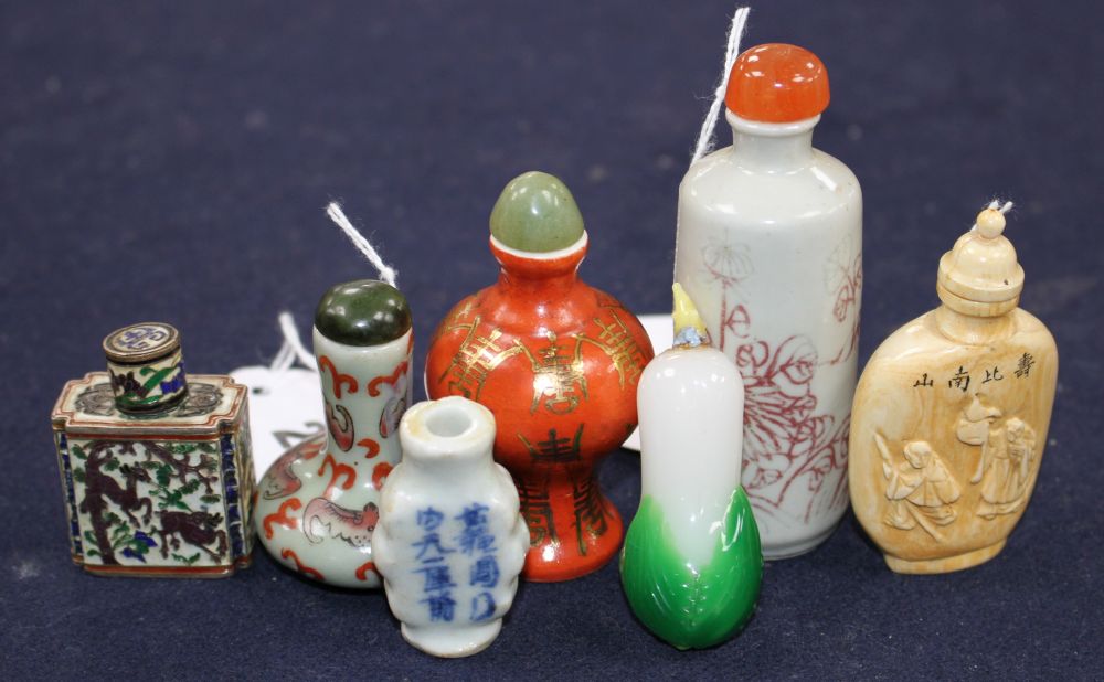 Seven Chinese snuff bottles, various, including porcelain, hardstone and cloisonne examples